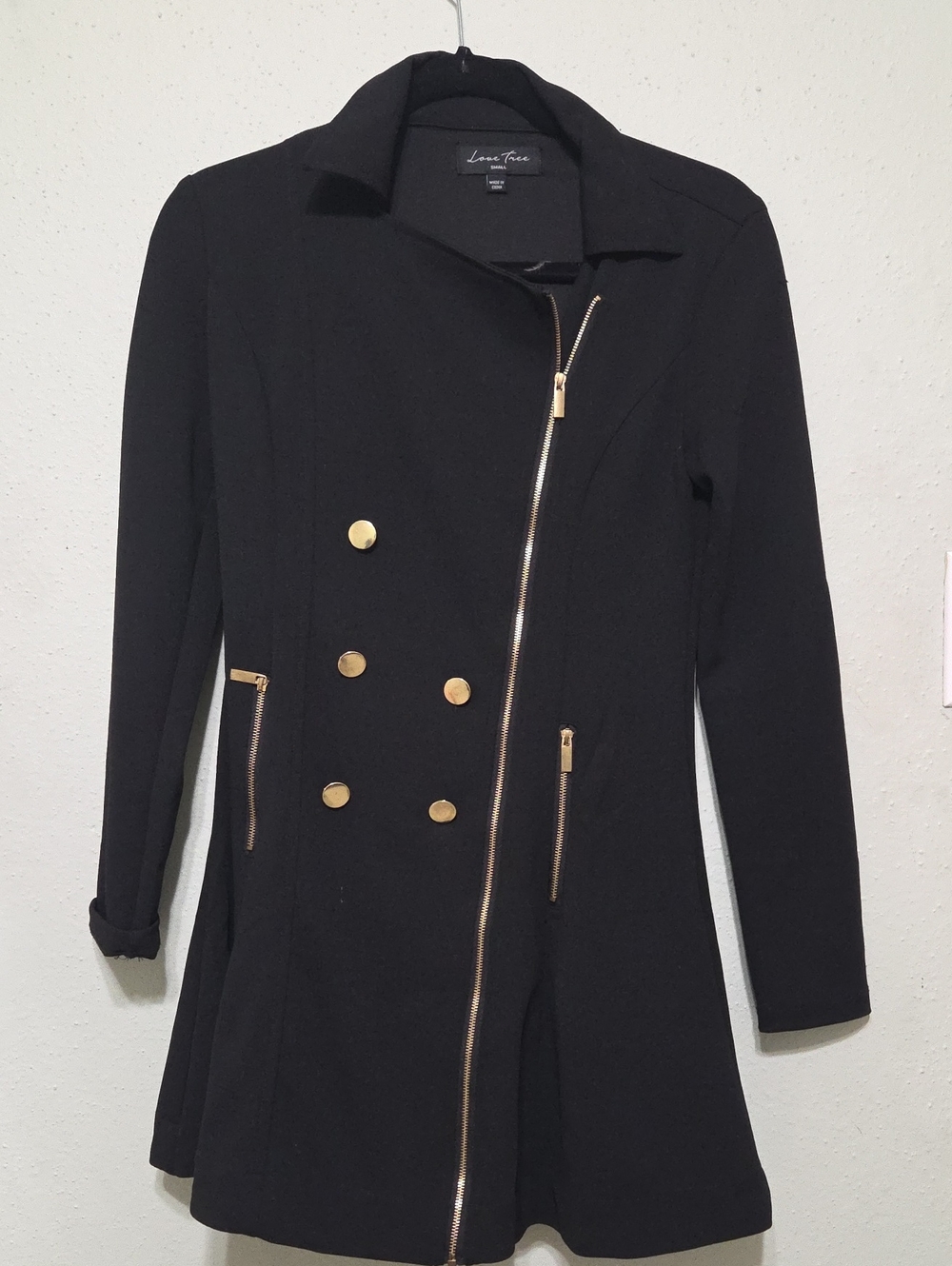 Love Tree Black Double-Breasted Zip Pea Coat with Gold Hardware